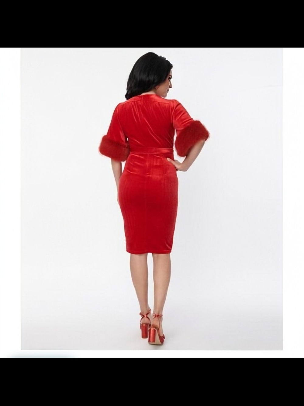 Hollywoodland Red Velvet Fifth Avenue Wrap Wiggle Dress Faux Fur Trim V Neck L - Picture 2 of 7